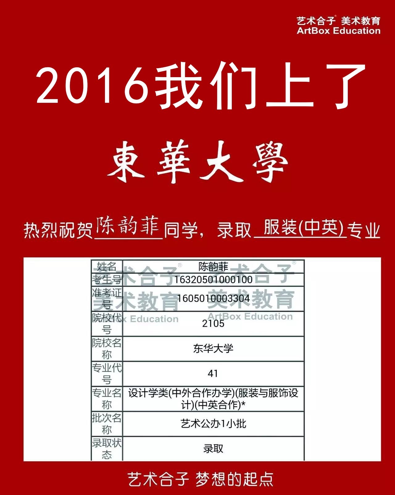 2016上海艺术合子画室美术高考校考东华大学录取成绩